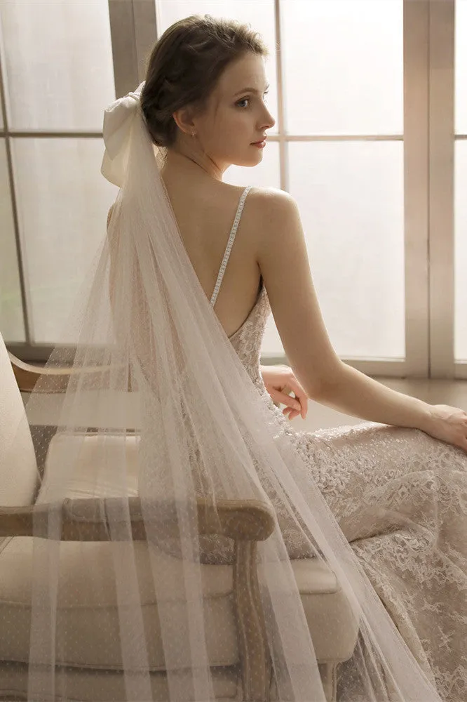 White Bow Polka Dot Long Bridal Veil