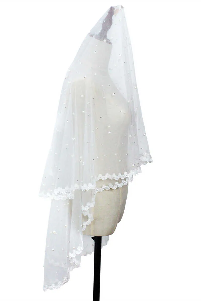 White Mesh and Lace Pearl Bridal Veil