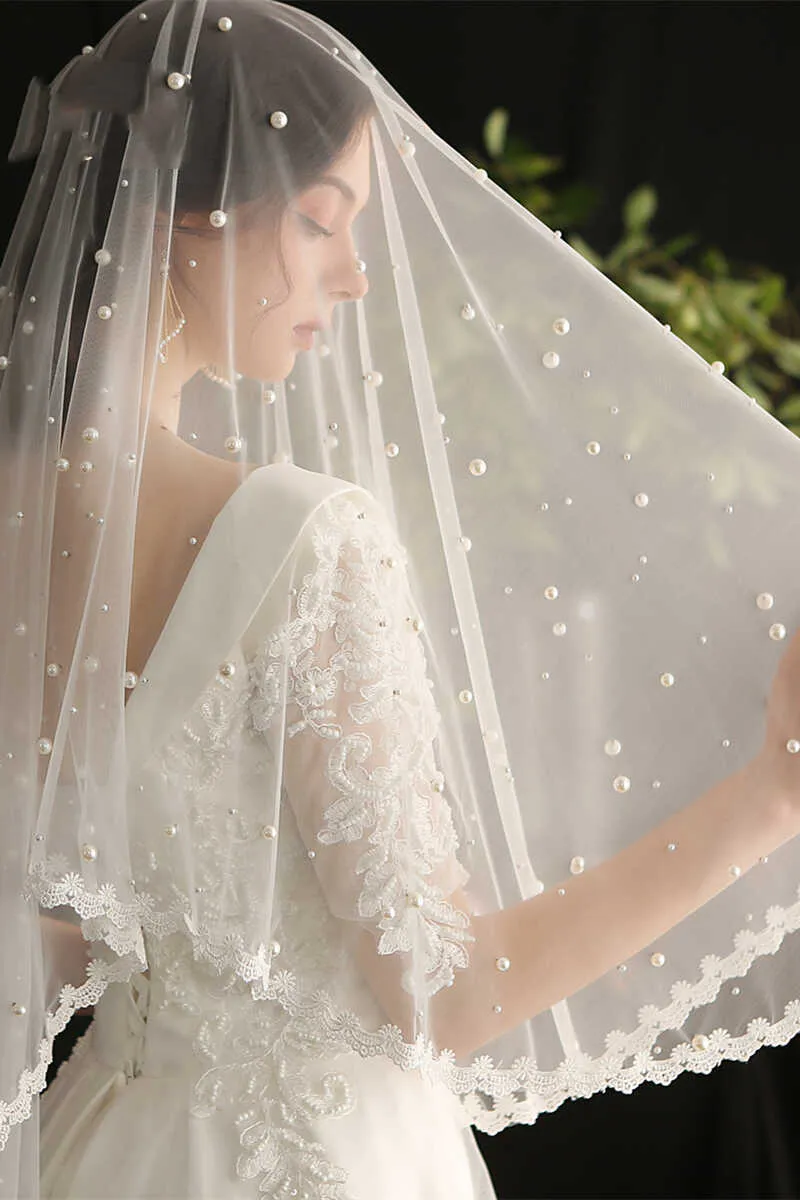 White Mesh and Lace Pearl Bridal Veil