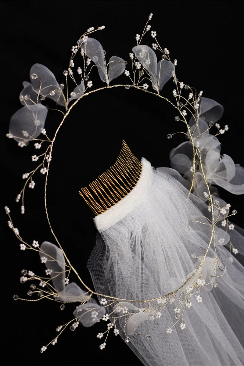 White Mesh Bridal Veil with Floral Hair Wreath