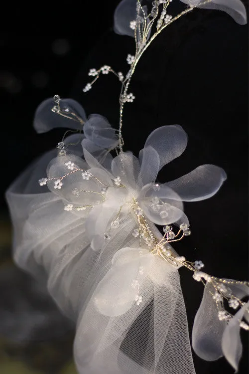 White Mesh Bridal Veil with Floral Hair Wreath