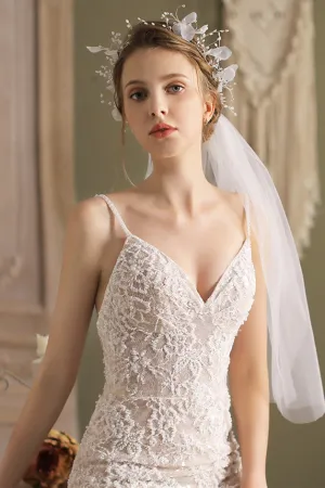 White Mesh Bridal Veil with Floral Hair Wreath
