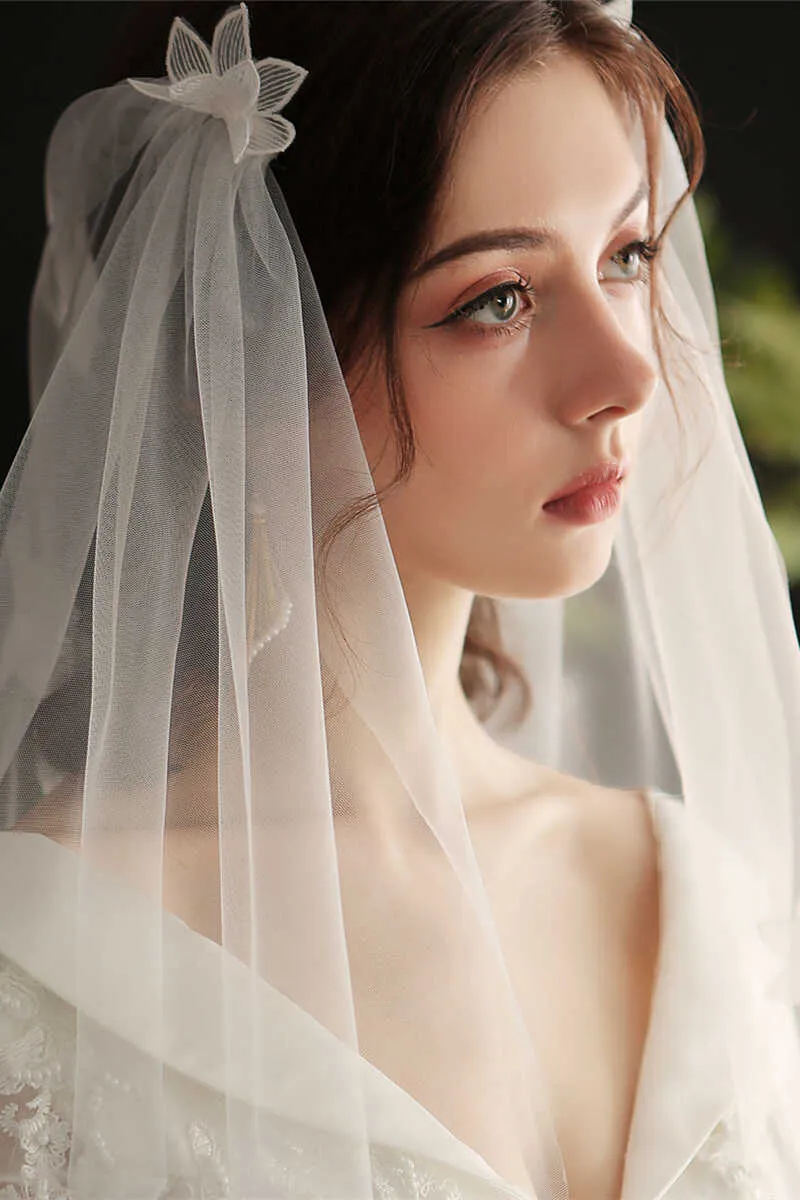 White Mesh Floral Lace Bridal Veil