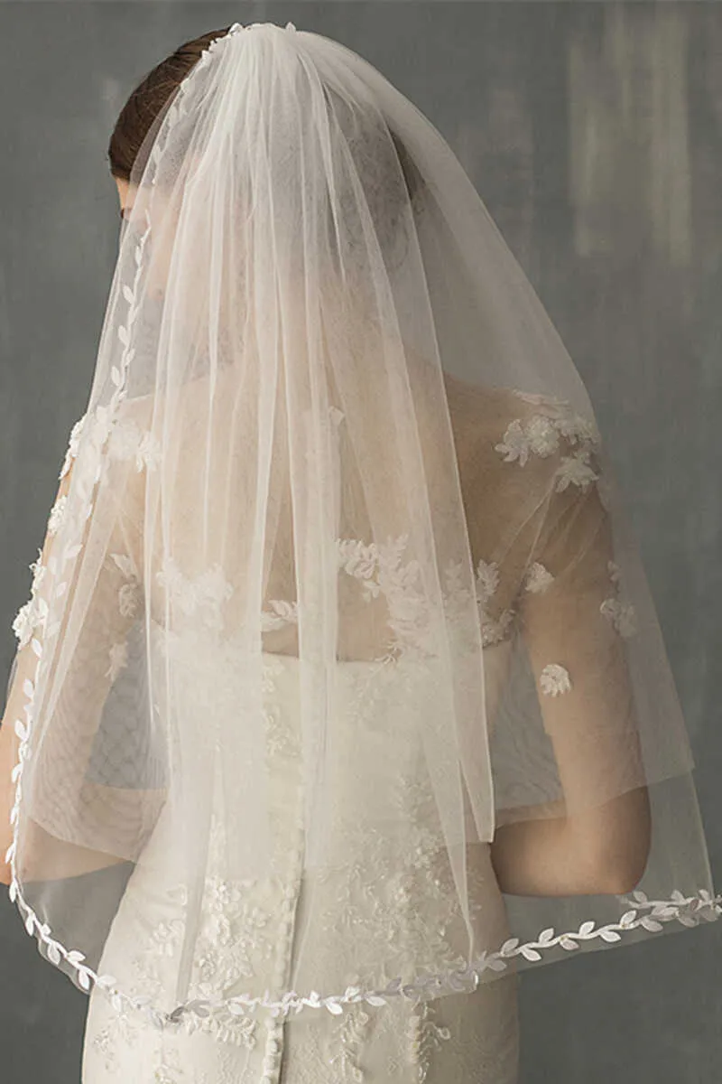 White Mesh Leaf Medium Long Bridal Veil