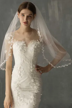 White Mesh Leaf Medium Long Bridal Veil
