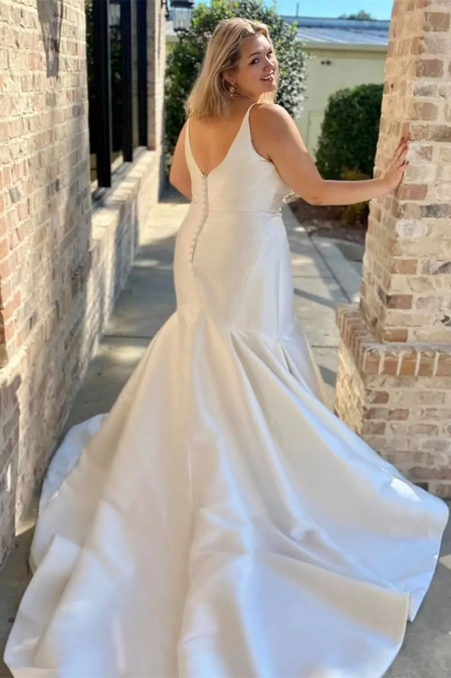 White Satin Plunge V Backless Trumpet Wedding Dress