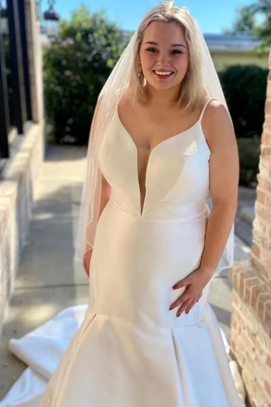 White Satin Plunge V Backless Trumpet Wedding Dress