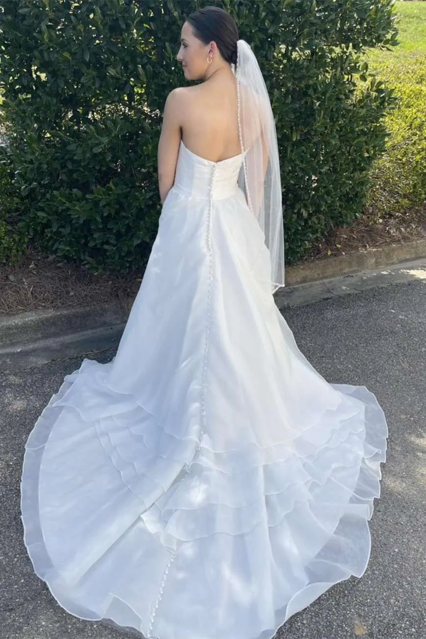 White Strapless Multi-Tiered A-Line Long Wedding Dress